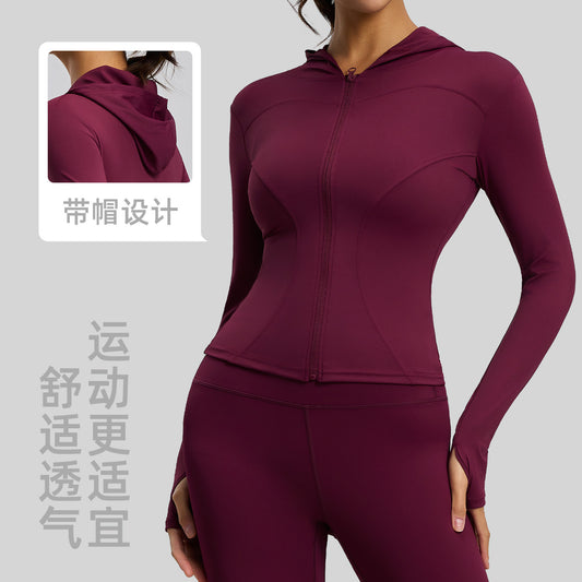 A Hooded Slim Yoga Jacket Stretch Skinny Windproof Running Cycling Sports Jacket