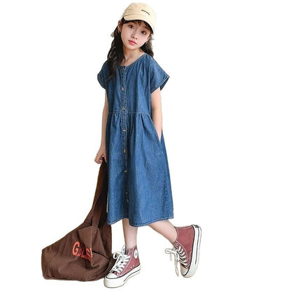 A new foreign style fashionable older children's princess dress denim skirt children's summer short-sleeved skirt