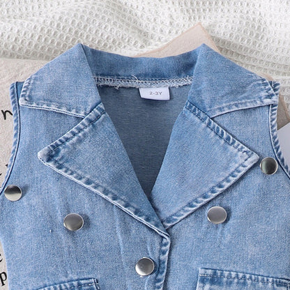 A Children's clothing Girls denim vest + suspender jumpsuit summer