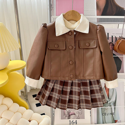 A children's leather jacket skirt set