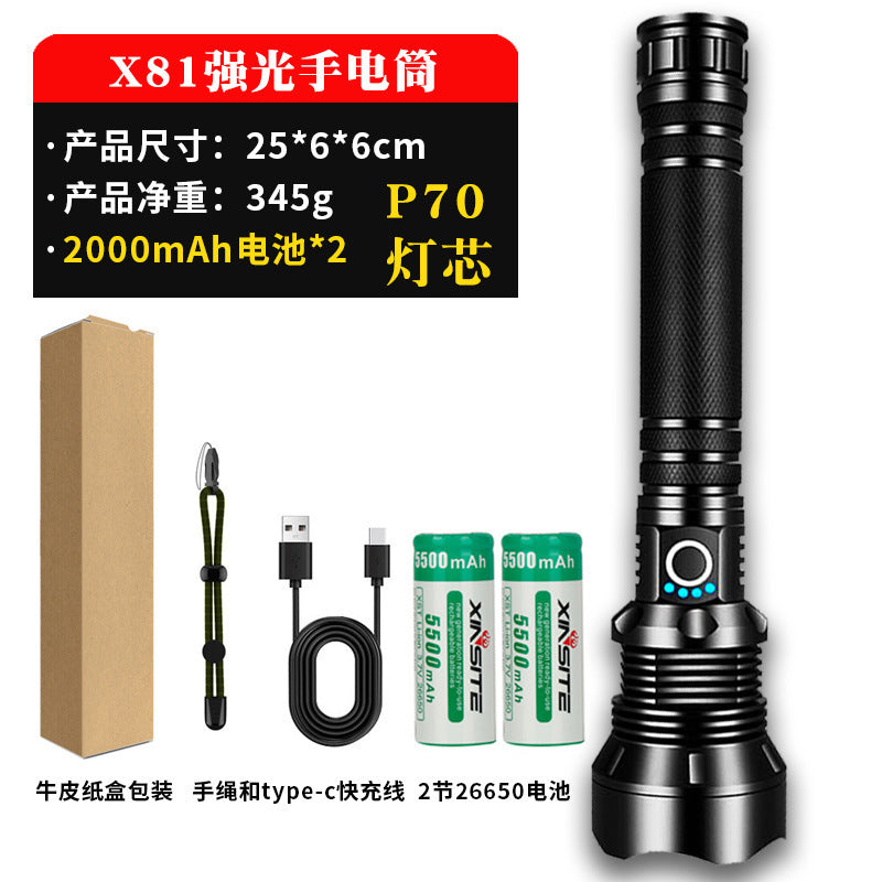 A USB flashlight Outdoor aluminum alloy strong light flashlight, new power display flashlight