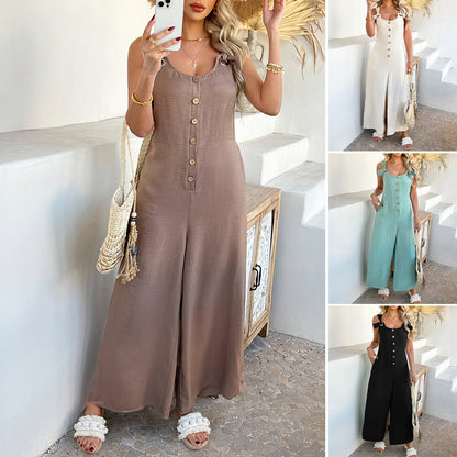 2025 spring and summer solid color casual loose vacation style cardigan wide leg one-piece long pants women's clothing - Mixbatch