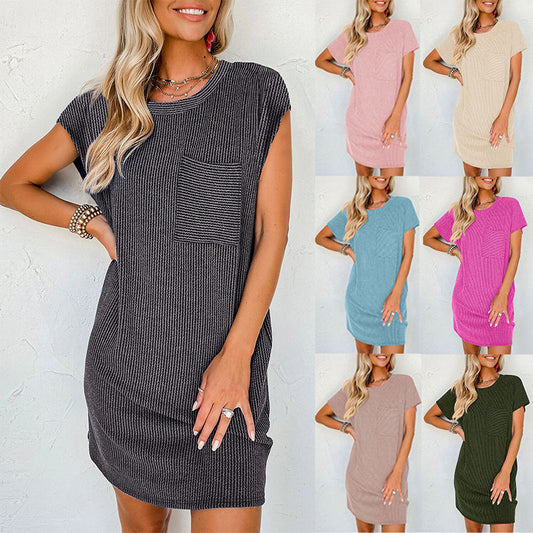 Europe and the United States cross-border 2025 Amazon independent station TikTok leisure sports round neck pocket short sleeve loose dress