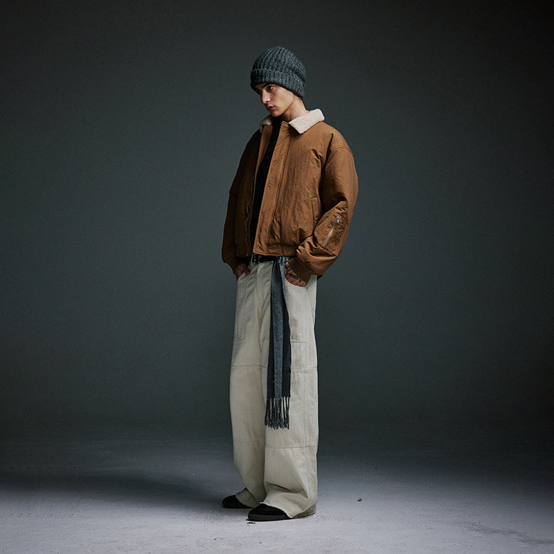 A Loose straight-leg edged woven slacks