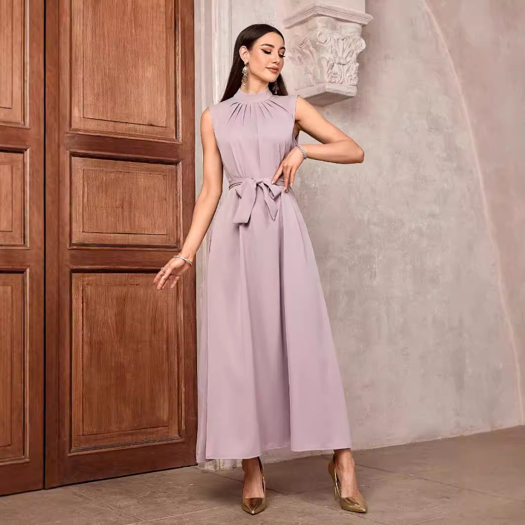 Women's Muslim Solid Color Casual Sleeveless Bottom Long Dress High Neck Belt Dress Inner Shirt - Mixbatch