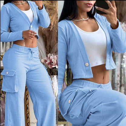 A Women's Casual Long Sleeve Solid Color Button Pocket Wide Leg Pants Set - Mixbatch
