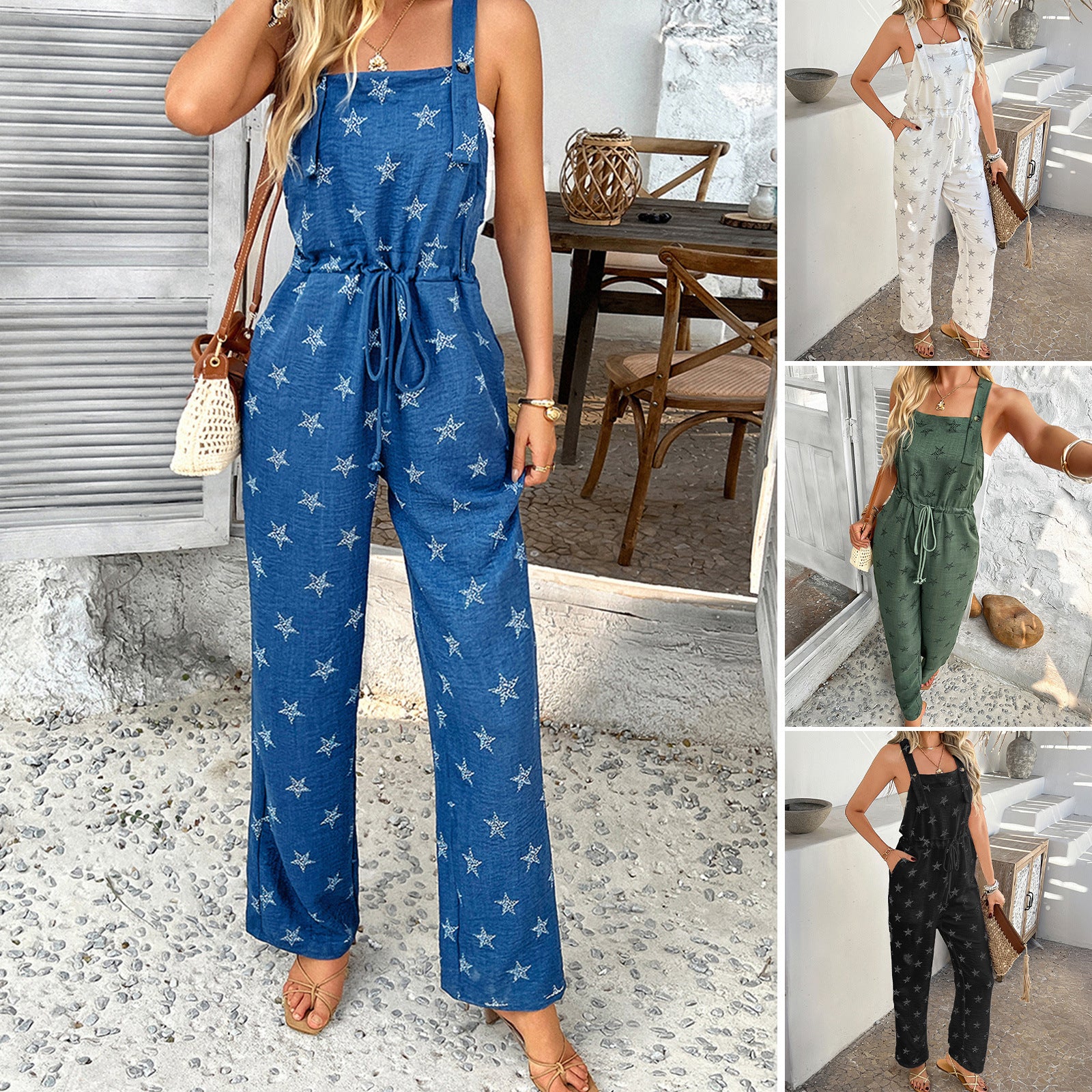2025 spring and summer cross-border European and American leisure bohemian vacation style printing contrasting color overalls children - Mixbatch
