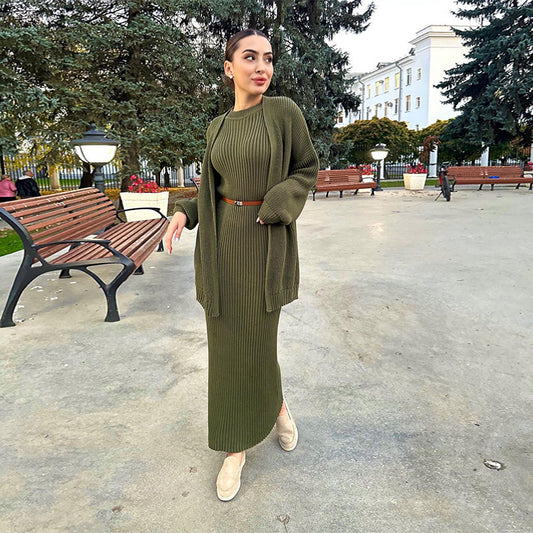 A knitted jacket skirt set with belt