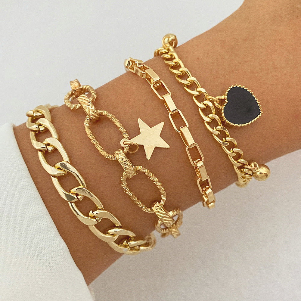A European and American cross-border new products stack and wear personalized street auction love bracelet four-piece set exaggerated thread chain alloy bracelet women - Mixbatch