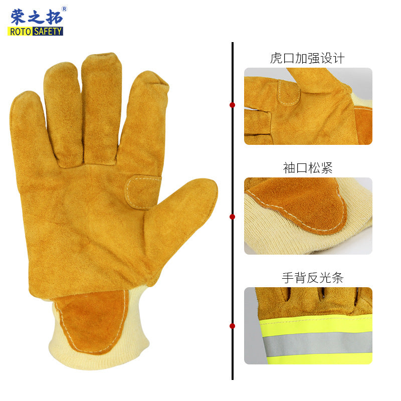 A Fire Gloves Fire Rescue Aramid Flame Retardant Heat Insulation Gloves Cowhide Thickened Warm Durable Scratch Resistant Stab-proof Gloves