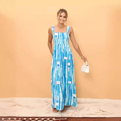 A fresh and sweet cross-border spring and summer style, striped printed one-word collar lace-up dress 88116