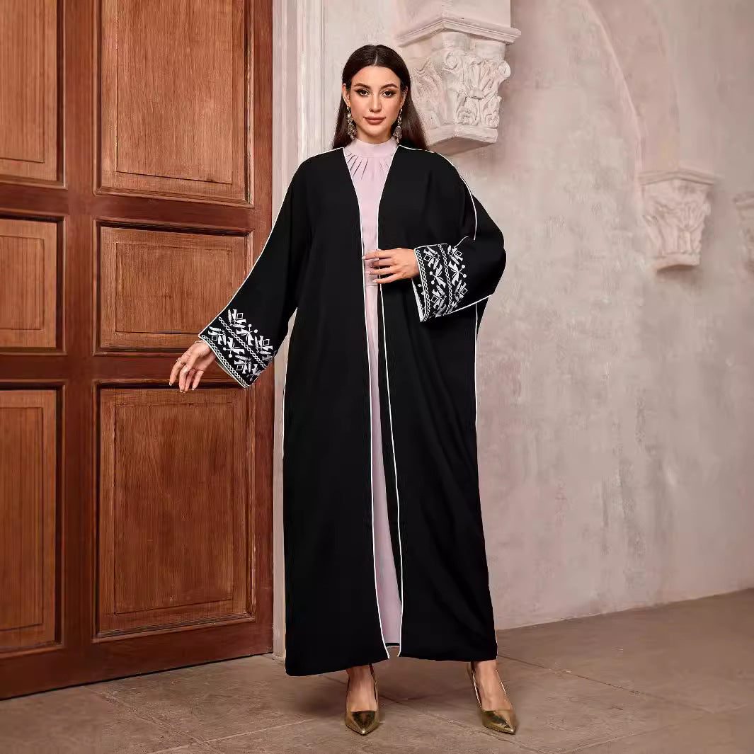 New Embroidered Middle East Muslim Fashion Cardigan Arab Robe Bat Sleeve Embroidered Headscarf Black - Mixbatch