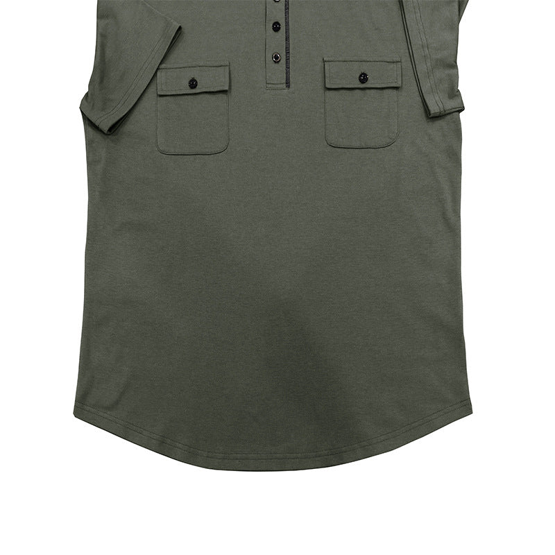 A Men's Outdoor Double Pocket Hat Cord Short Sleeve Henry Undershirt Cross-Border Casual Small Sweater Hooded Top T-Shirt