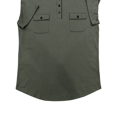 A Men's Outdoor Double Pocket Hat Cord Short Sleeve Henry Undershirt Cross-Border Casual Small Sweater Hooded Top T-Shirt