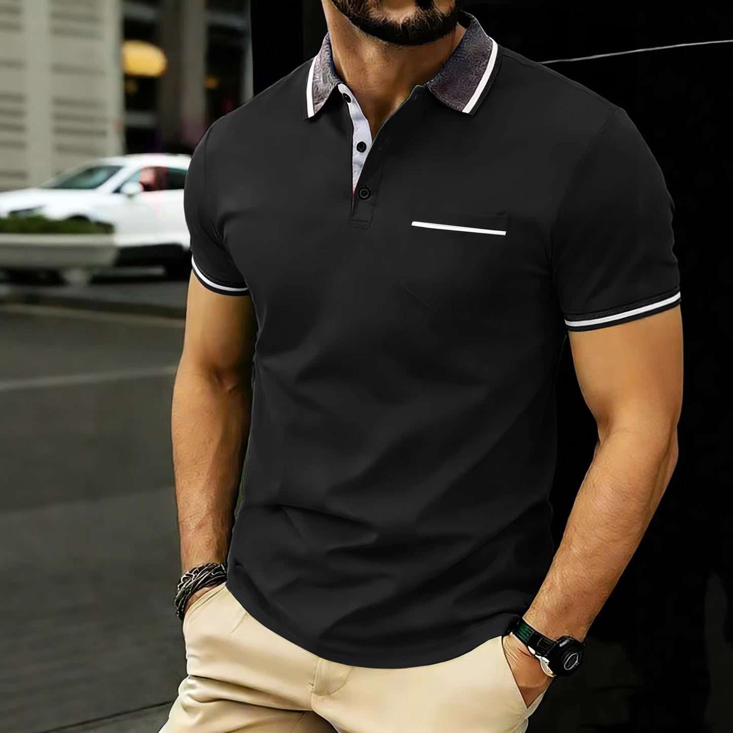 A men's new casual short sleeves; cool and breathable fashion ribbed lapel polo shirt