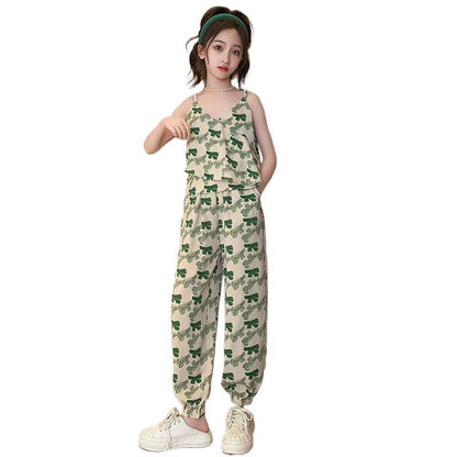 A girls summer suit new girls' older children's foreign style children's sling vest mosquito-proof pants summer two-piece set trendy