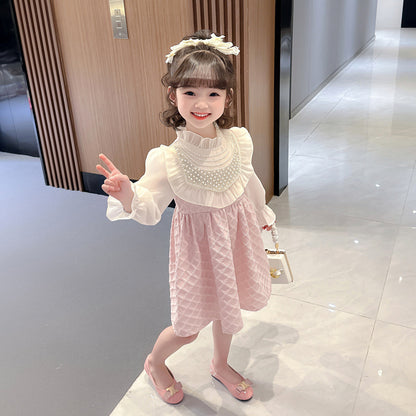 A girls lace pearl dress spring and autumn new girl baby foreign fashion princess dress small and medium children's clothing