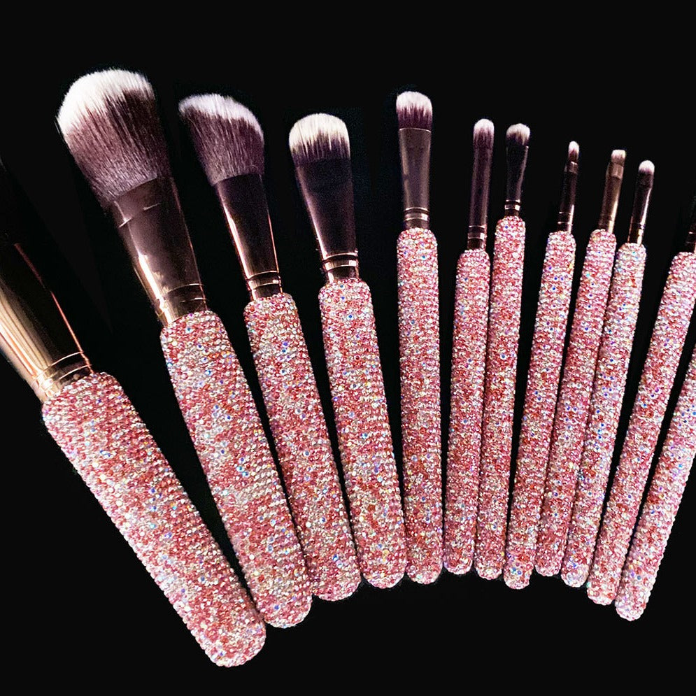 A High-grade diamond-encrusted makeup brush 12-piece set Factory direct sales diamond makeup tool set Loose powder blush makeup brush - Mixbatch