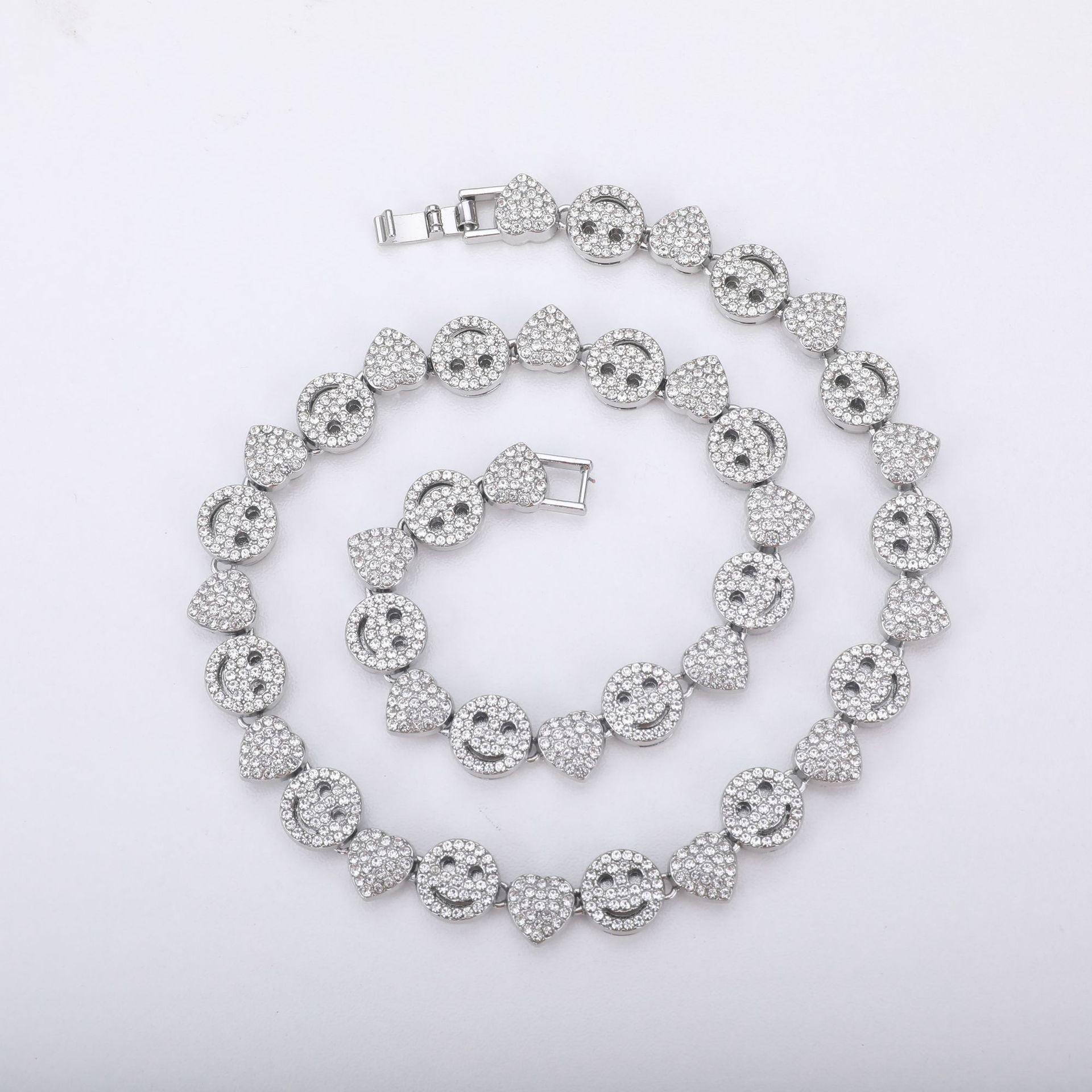 A cross-border hot sale new love smiley face full of diamonds Cuban chain European and American hip-hop necklace jewelry DIY - Mixbatch