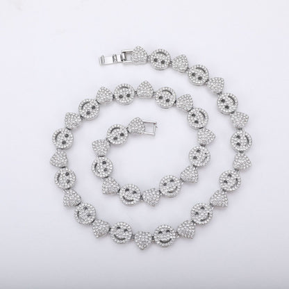 A cross-border hot sale new love smiley face full of diamonds Cuban chain European and American hip-hop necklace jewelry DIY - Mixbatch