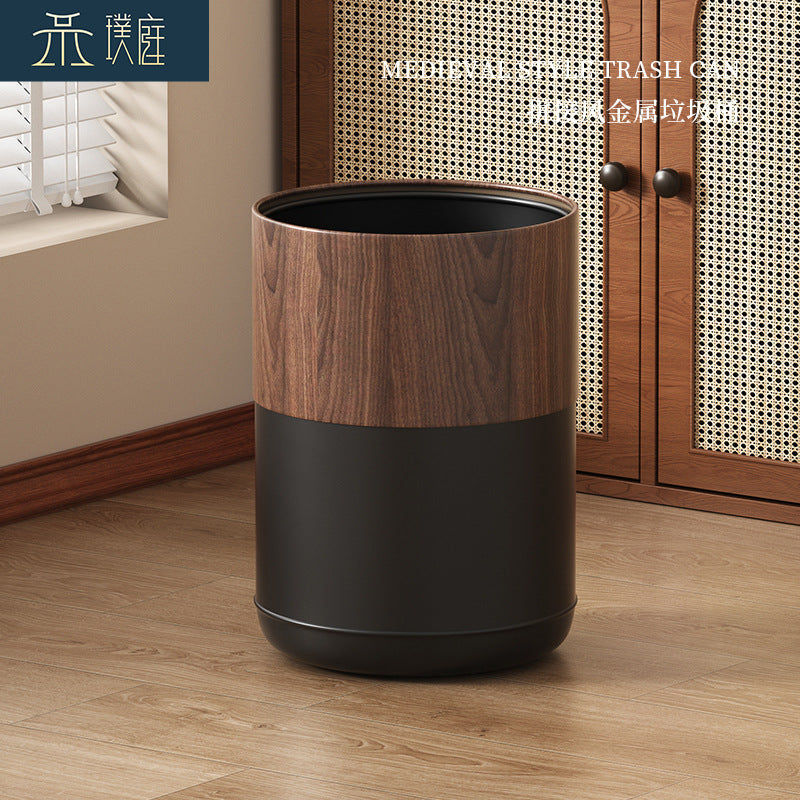 A black walnut wood grain trash can