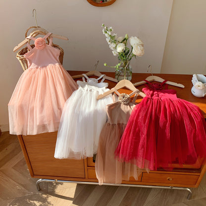 A summer new French rose suspender girls dress sweet foreign mesh princess dress beach dress