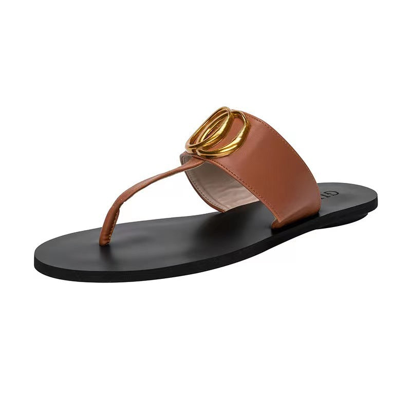 A new four-season flat leather flip-flops women's classic