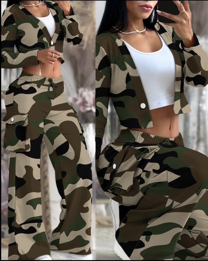 A Women's Casual Long Sleeve Solid Color Button Pocket Wide Leg Pants Set - Mixbatch