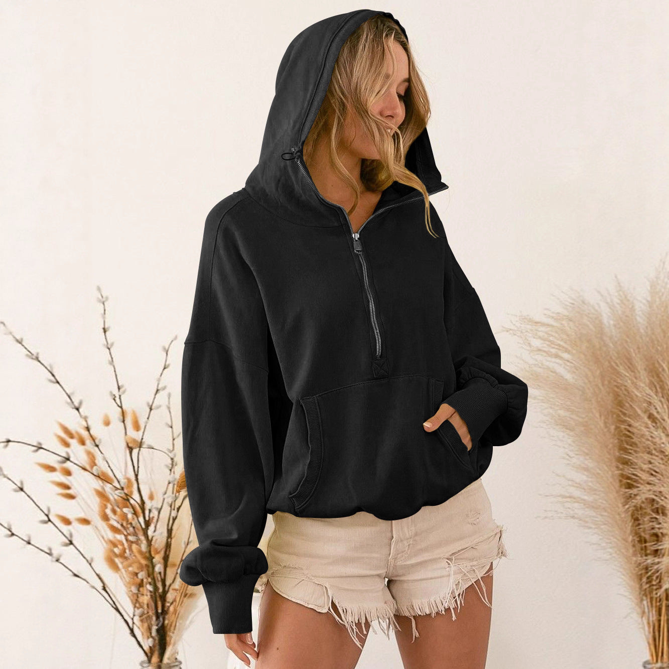 A hooded long-sleeved sweater