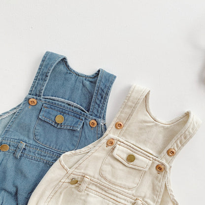 A ins summer Korean version baby and toddler boys and girls sleeveless denim bag butt jumpsuit with shoulder strap climbing suit and hat - Mixbatch