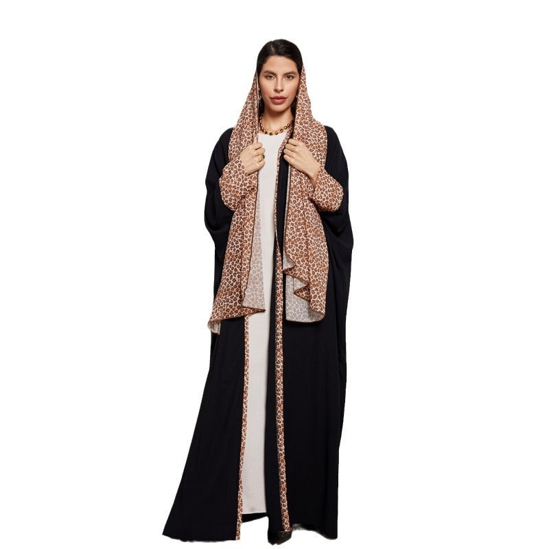 Leopard print headscarf Middle Eastern Muslim clothing long dress fashion elegant cardigan contrasting color dress robe - Mixbatch