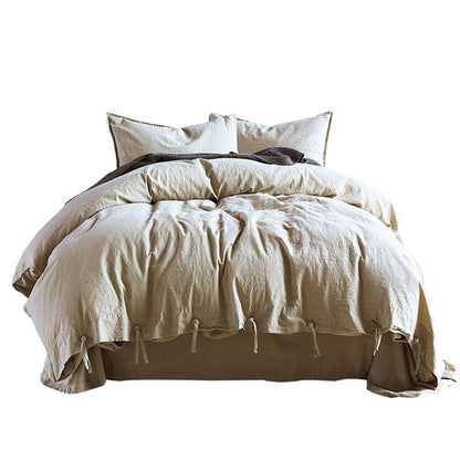 Minimalist Japanese Linen Four Piece Bedding Set Solid Color Button Cotton Linen Bed Sheet and Duvet Cover 1.8 Home Textile Bedding - Mixbatch