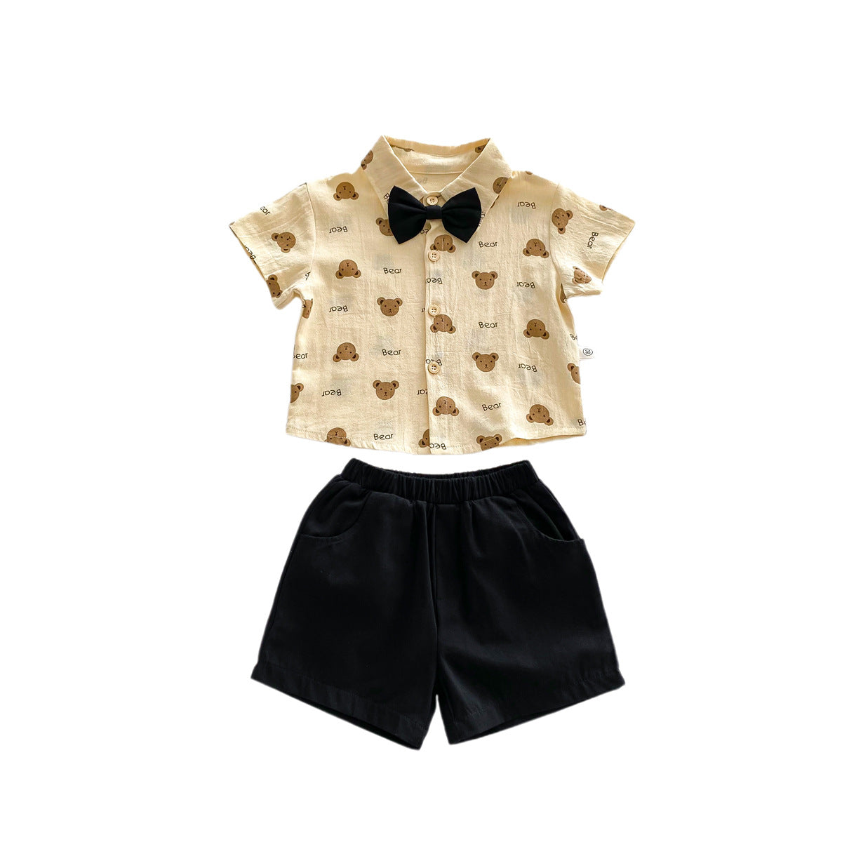 A 2024 Summer Boys Gentlemen's Necktie Short sleeved Shirt Shorts Set for Children's Korean Little Bear Print Two Piece Set - Mixbatch