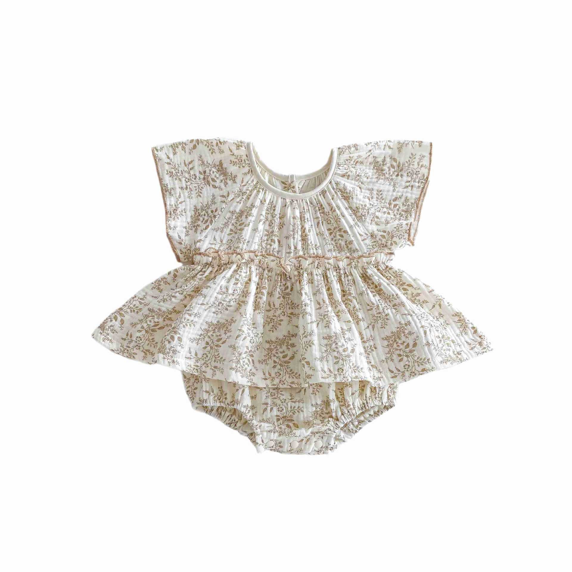 A Baby Bodysuit 2024 New Product Girl's Crepe Fragmented Flower Flying Sleeves Sweetheart Newborn Korean Edition Western Climbing Outwear - Mixbatch