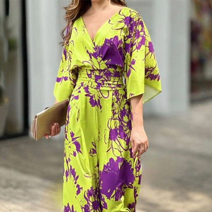 A new European and American women's clothing ins fashionable and elegant printing bat sleeve waist V-neck women's jumpsuit women's 661