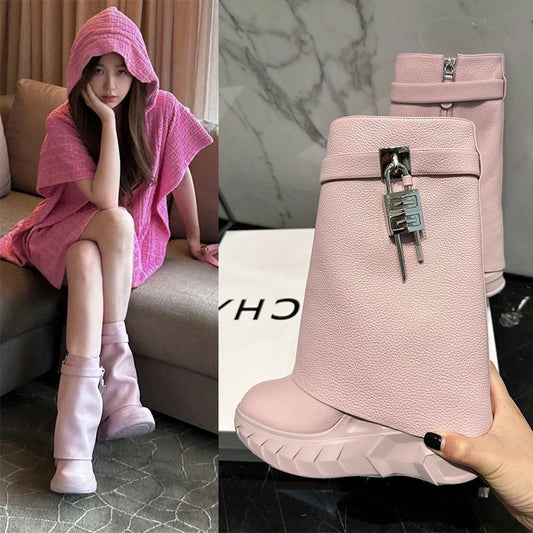 A inner height-increasing short boots for women, thick-soled metal lock trouser tube boots for women