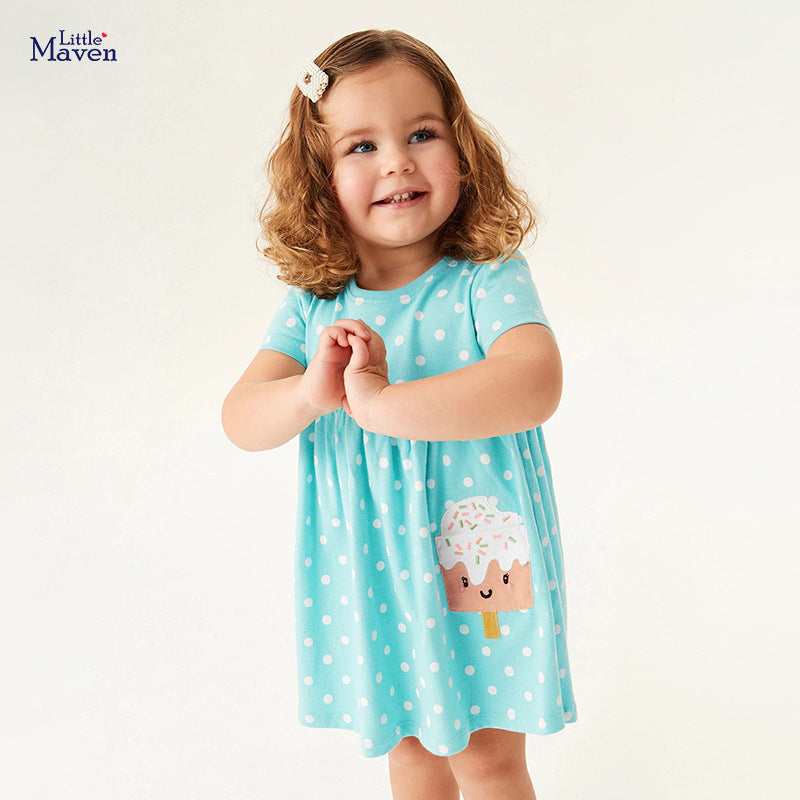 A Little Maven European and American cartoon print children's skirt summer new short-sleeved children's dress 100% COTTON - Mixbatch