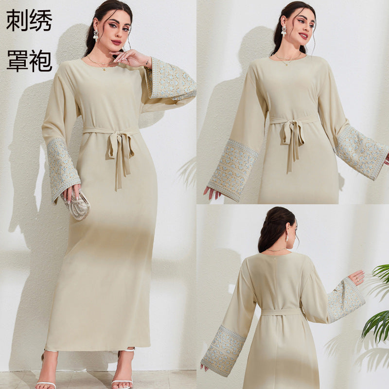 Middle Eastern Muslim Fashion Elegant Cardigan Embroidered Belt Dress Pocket Robe - Mixbatch