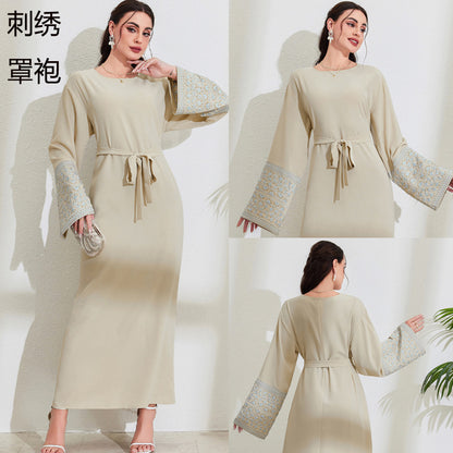 Middle Eastern Muslim Fashion Elegant Cardigan Embroidered Belt Dress Pocket Robe - Mixbatch