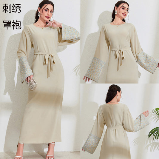 Middle Eastern Muslim Fashion Elegant Cardigan Embroidered Belt Dress Pocket Robe - Mixbatch