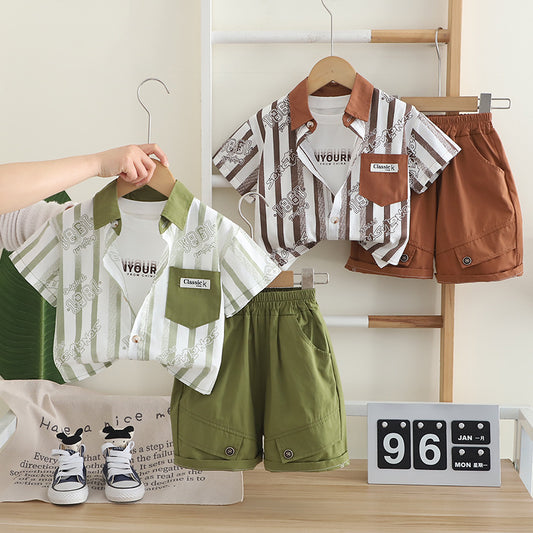 A summer boys three-piece set new baby boy foreign clothes thin striped shirt short-sleeved set medium and small children's tide