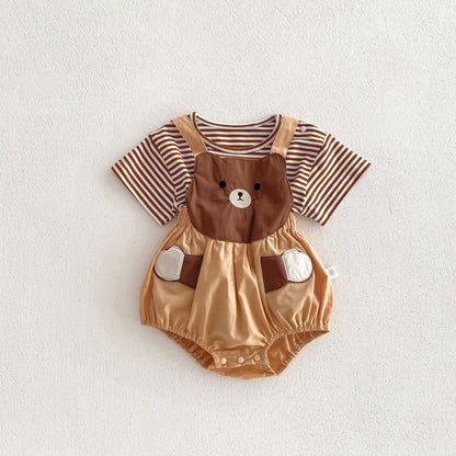 A 2024 summer new baby onesie for boys and girls cute bear strap bag fart shirt short sleeve t-shirt set - Mixbatch