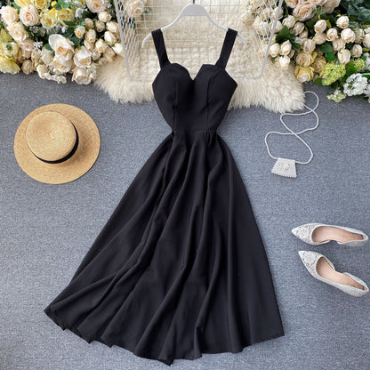 A backless solid color waist V-neck long dress women's dress