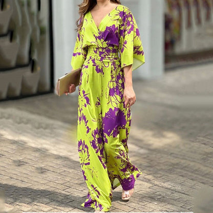 A new European and American women's clothing ins fashionable and elegant printing bat sleeve waist V-neck women's jumpsuit women's 661