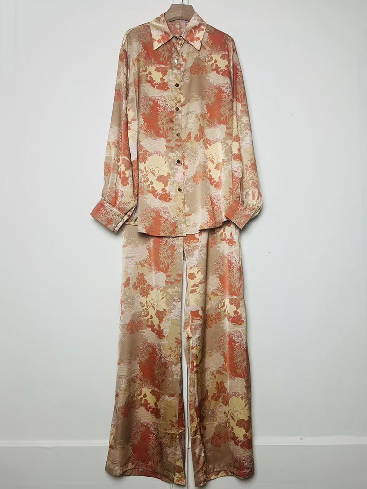 A Women's Retro Geometric Printed Lapel Shirt Two-piece Set + Loose Straight Pants Fashion Set