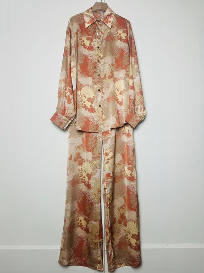 A Women's Retro Geometric Printed Lapel Shirt Two-piece Set + Loose Straight Pants Fashion Set