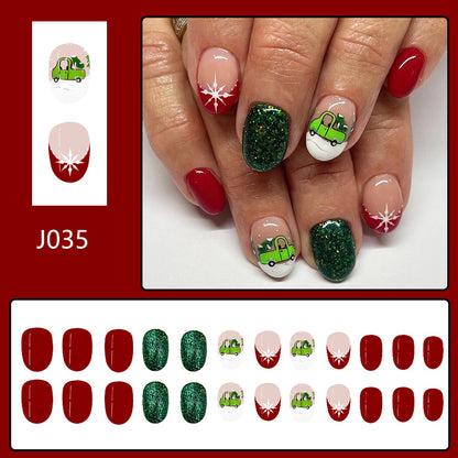 A short glossy oval European, American cross-border foreign trade French glitter new Christmas detachable wear manicure 24 pieces - Mixbatch
