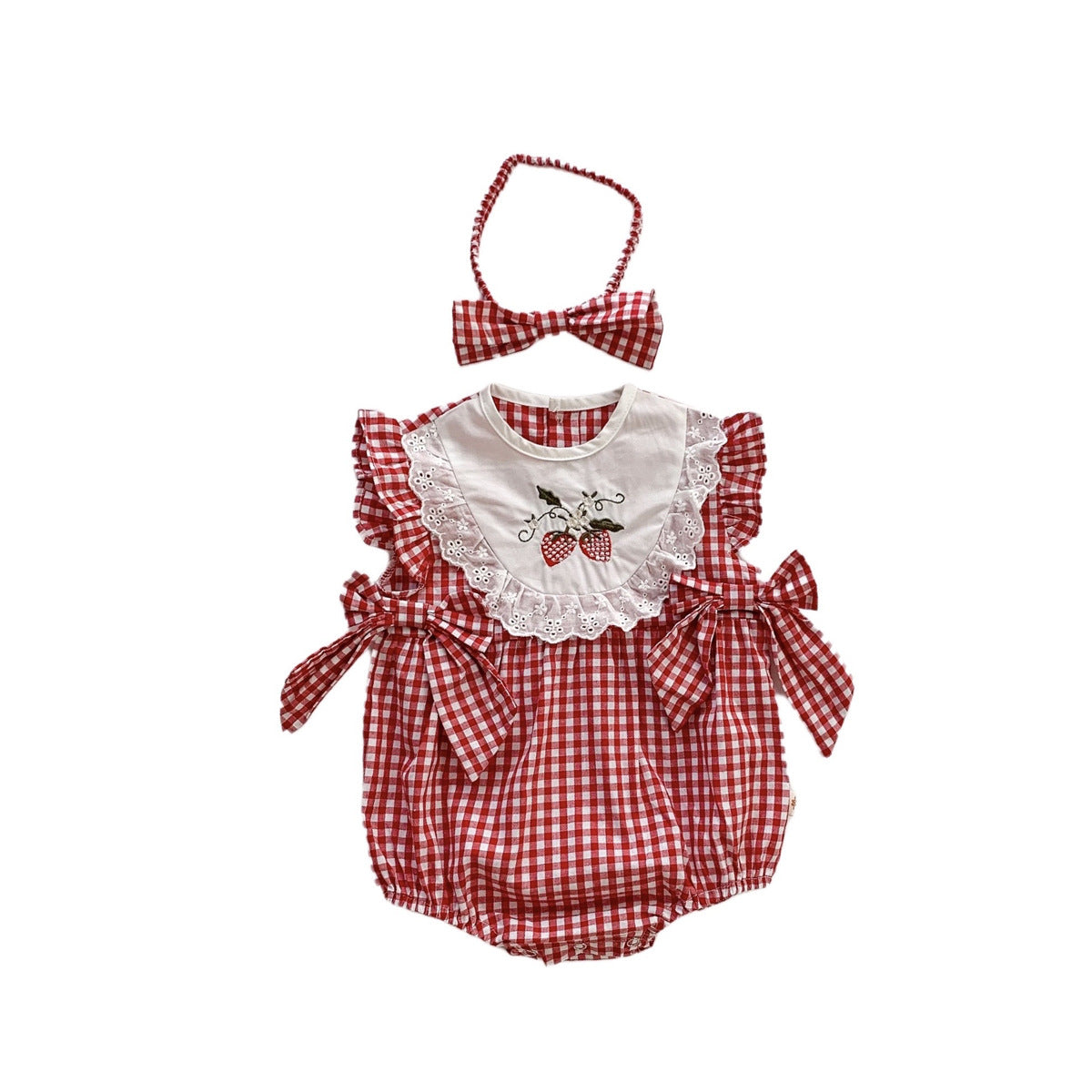 A newborn clothes summer thin girls sleeveless jumpsuit baby Korean version of red plaid triangle bag fart climbing clothes - Mixbatch