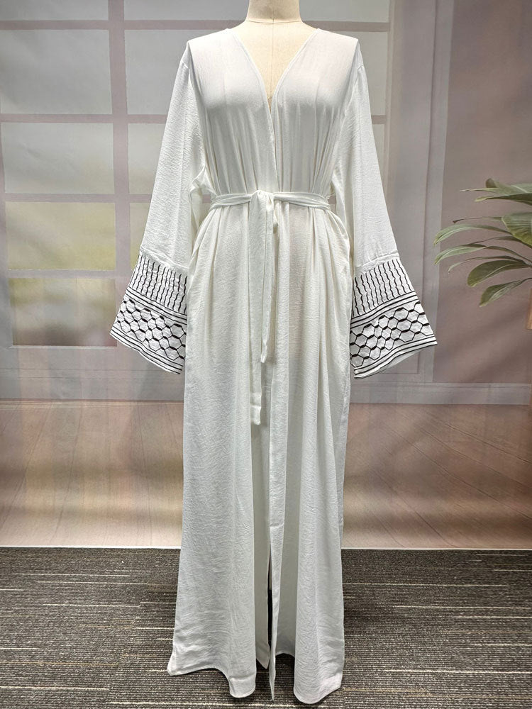 Middle Eastern Muslim Clothing Fashion Elegant Pocket Cardigan Embroidery Contrast Color Dress Robe - Mixbatch