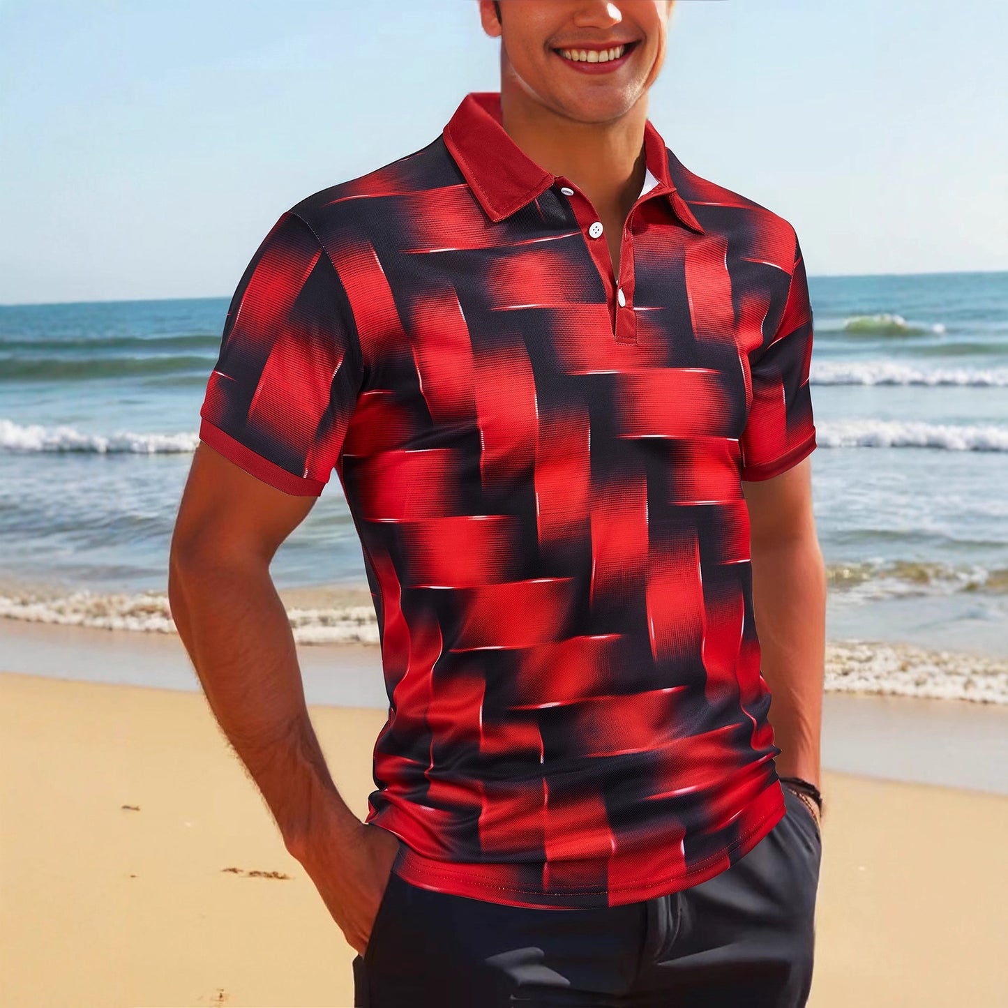 A European and American cross-border men's casual fashion 3D printing trendy polo shirt lapel popular short sleeves